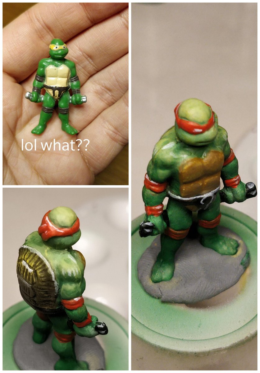 MonkeyPanicMode's tweet photo. I found this hilarious #TMNT figure in my old stuff. I don't know from where or why I still have it 🙈 Probably Kinder Surprise?  
anyway, CHALLENGE ACCEPTED. I decided to give it a new paint job as fast as I could. 

took me around 2-3 hours. I IMPROVED.

#hobbystreak day 8+9 https://t.co/m5OrfBnGiA
