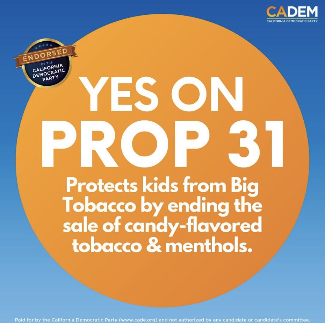 Election Day you say! Remember that <a href="/ACSCANCA/">ACS CAN California</a> <a href="/ACSCAN/">American Cancer Society Cancer Action Network</a> is pushing for a <a href="/YesProtectKids/">YES on 31: Protect California Kids</a> on 11/8