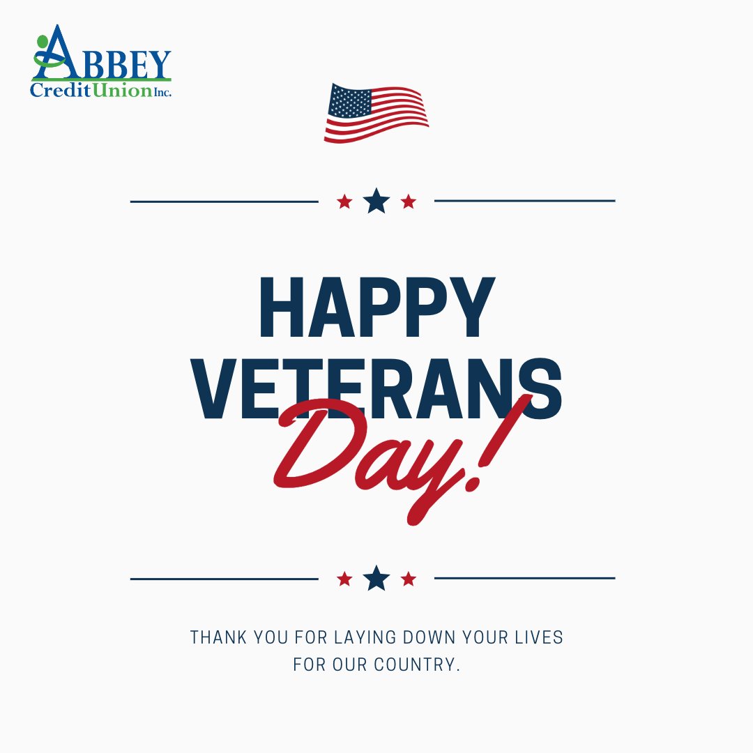 AbbeyCU's tweet photo. We are closed today in observance of Veterans day. Thank you Veterans for your service! https://t.co/2MTpiSaaxi