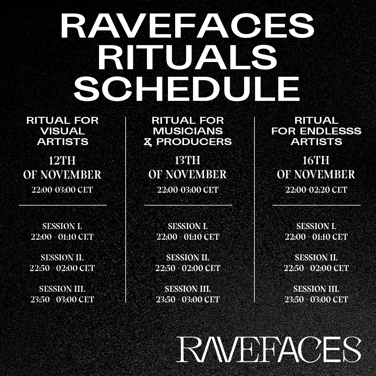 RaveFacesNFT's tweet photo. And the day shall arrive when we all come together to collaborate. 

Visual artists, musicians &amp; producers, @endlesssfm artists, we are excited to create w you!

🥳Save the date👇

#RFrituals https://t.co/EyTFoGdEH9