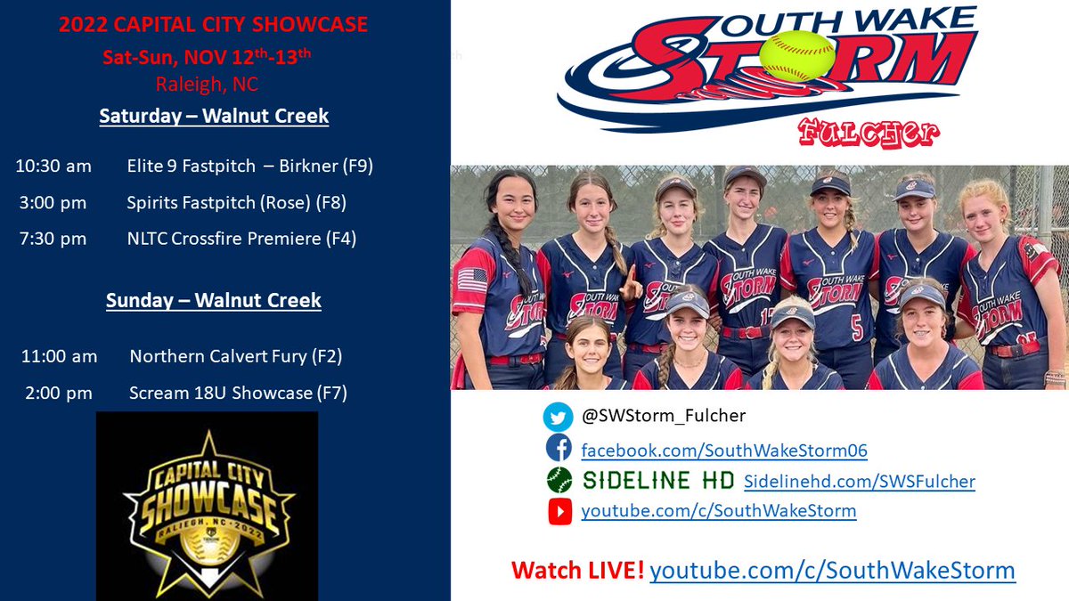 <a href="/SWStorm_Fulcher/">South Wake Storm Fulcher</a> is playing in the Capital City Showcase at Walnut Creek this weekend. Watch us in person or Watch LIVE at youtube.com/SouthWakeStorm or 
<a href="/SWStorm_Fulcher/">South Wake Storm Fulcher</a>
<a href="/CallanTaylor10/">Callan Taylor</a> <a href="/JuniorBailey/">Junior Bailey</a> <a href="/waldrop_taylor/">Taylor</a> <a href="/coachmere_16/">Meredith Mills</a> <a href="/CoachWatsonMC/">Sarah Watson</a> <a href="/Coach_M_Booth/">Meredith Booth</a> <a href="/paigeknussman_/">Paige Knussman</a>