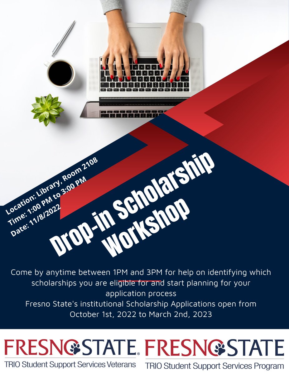 Please see below for this beneficial opportunity to have us Academic Facilitators mentor you in not only finding scholarships that apply for you, but look them over while you write them! Don't worry if you can't make it, just schedule an appointment with any of us instead.