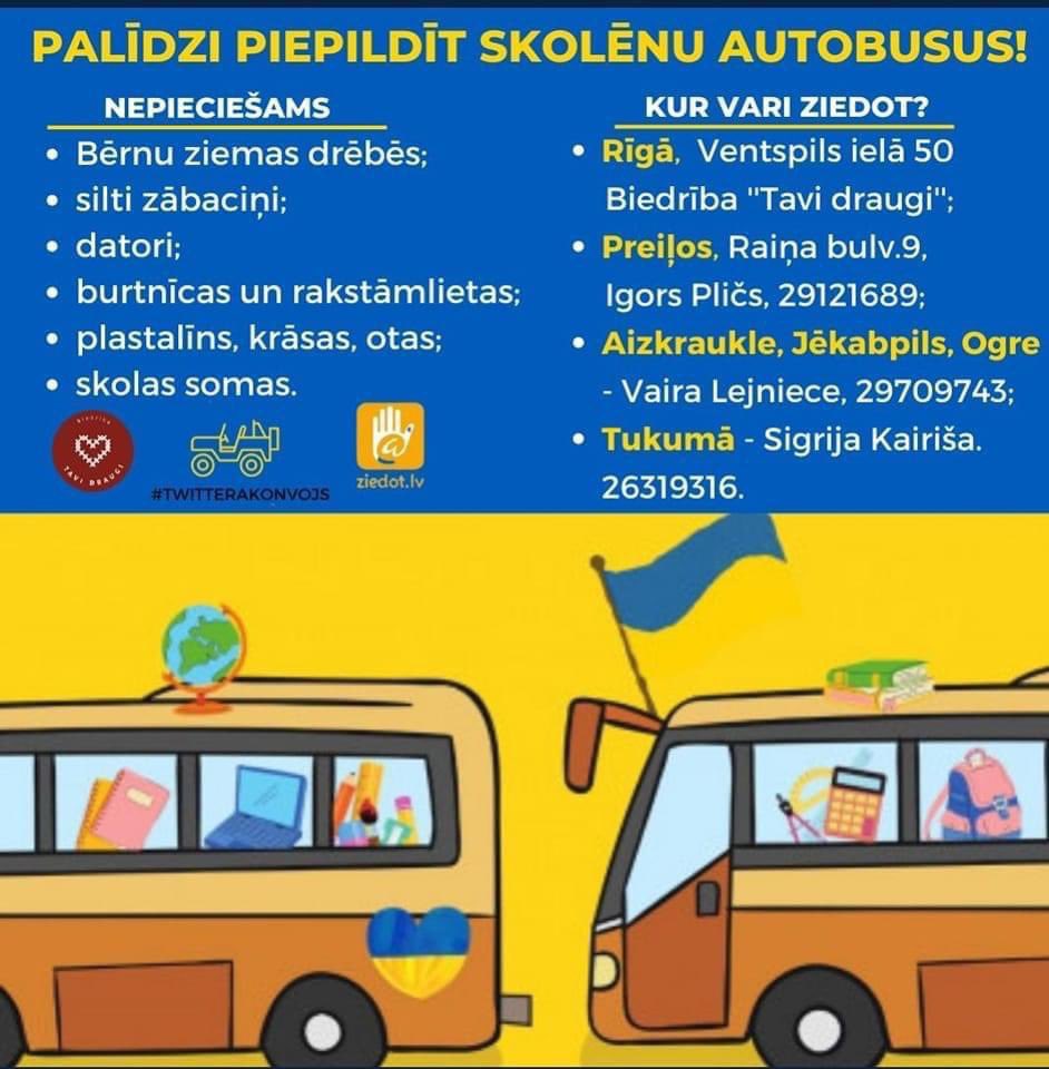LauraPlica's tweet photo. Kādu rītu Ukrainas bērni pamodīsies nevis pagrabā, bet siltā gultiņā un būs izgulējušies, jo naktīs vairs nerībēs sprādzieni un neauros sirēnas.

Tikmēr Latvija organizē skolas busiņus pilnus ar siltām drēbēm un skolas lietām.

Ziedo šeit: https://t.co/FlmgdJuTZ4 https://t.co/tJbmJKyvXf