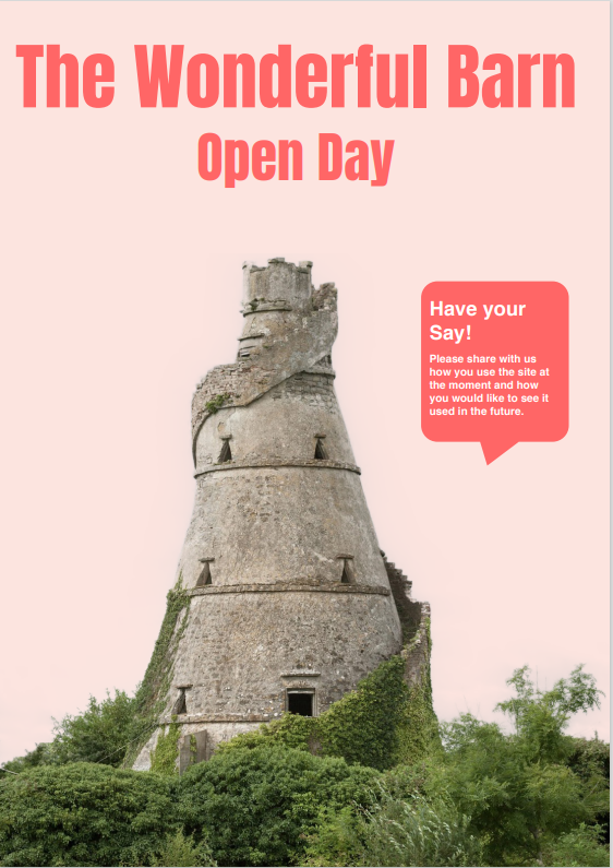 An Open Day will take place at The Wonderful Barn, Leixlip, on Sunday, 13 Nov from 10:30 a.m. – 4:30 p.m.  Members of the public are encouraged to come along and have their say on how they would like to see it used in the future.

For further information: bit.ly/3hobCym
