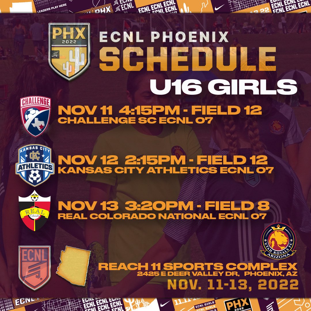 RoyalsFCAZ's tweet photo. U19, U17, and U16 are heading to ECNL Girls Phoenix Showcase.  

Schedules are attached.  Come and support our girls as they welcome all of the ECNL in our own backyard

@ecnlgirls #ecnlphx https://t.co/9k1ngt46fJ
