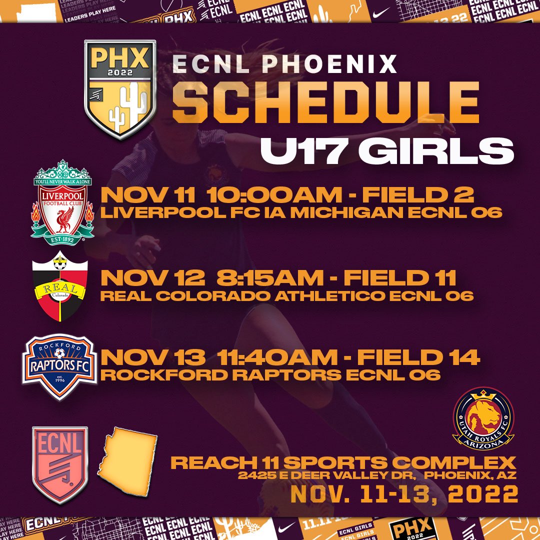 RoyalsFCAZ's tweet photo. U19, U17, and U16 are heading to ECNL Girls Phoenix Showcase.  

Schedules are attached.  Come and support our girls as they welcome all of the ECNL in our own backyard

@ecnlgirls #ecnlphx https://t.co/9k1ngt46fJ