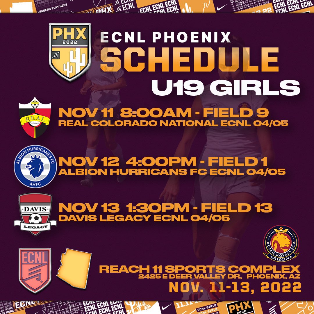 RoyalsFCAZ's tweet photo. U19, U17, and U16 are heading to ECNL Girls Phoenix Showcase.  

Schedules are attached.  Come and support our girls as they welcome all of the ECNL in our own backyard

@ecnlgirls #ecnlphx https://t.co/9k1ngt46fJ