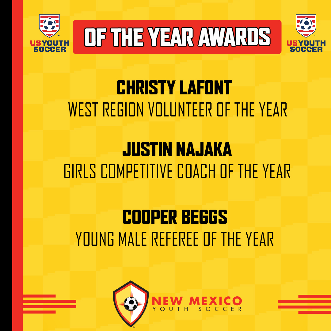 nmysa's tweet photo. US Youth Soccer recently recognized some of our own as USYS Regional Award winners.  Congratulations to Christy LaFont, Justin Najaka &amp; Cooper Beggs for being recognized as some of our regions best!🙌⚽️ #NMYSA #OfTheYearAwards #USYS https://t.co/r2Vn1oGnBD
