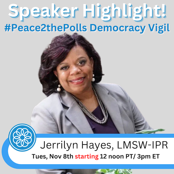 PeaceAlliance's tweet photo. Talking self-care right now in our #Peace2thePolls Democracy Vigil with Jerrilyn Hayes- LCSW-IPR. Go to the link in the bio to join the discussion. https://t.co/UybKSHcRsp