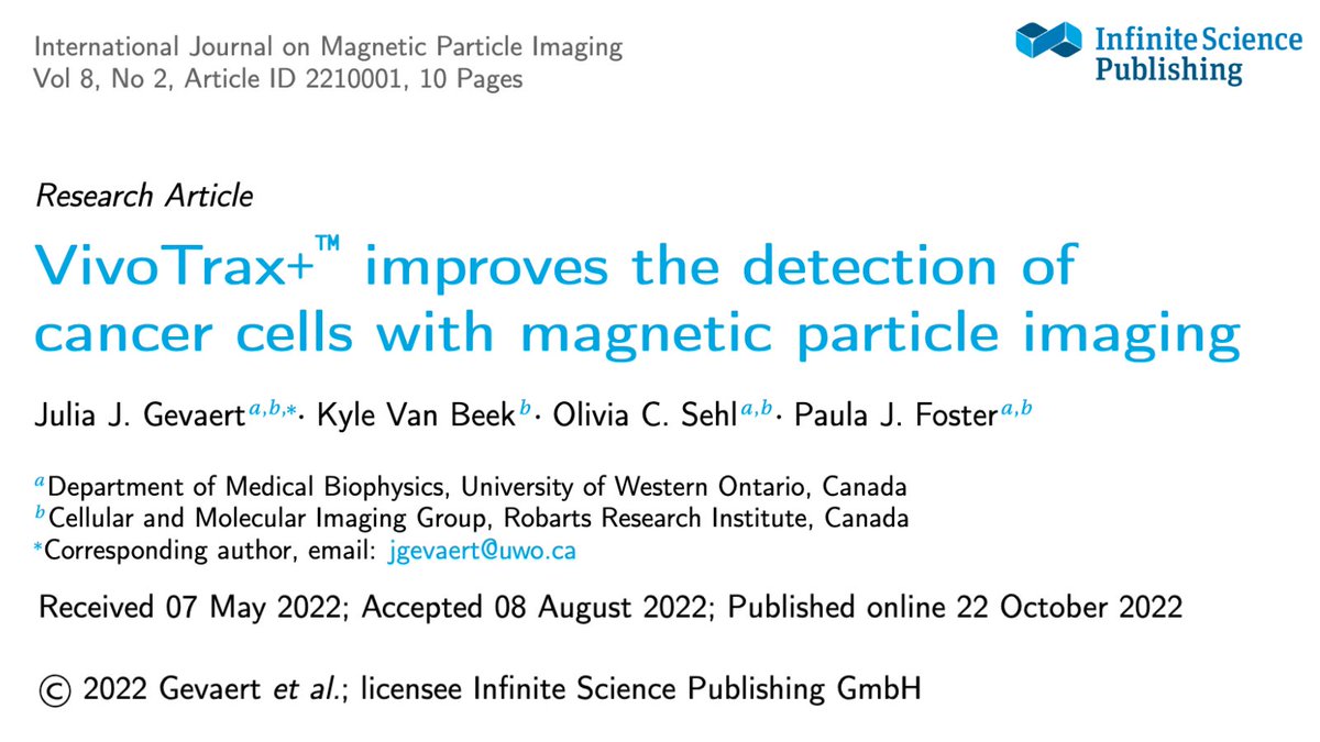 The Robarts Cellular and Molecular Imaging Group (@robartscmig) on Twitter photo 🚨 A new publication looking at VivoTrax+ for MPI by PhD Candidate @GevaertJulia and co-authors <a href="/vanbeek_kyle/">Kyle VanBeek</a>, <a href="/SehlOlivia/">Olivia Sehl, PhD</a>, and <a href="/PJ_Foster/">Dr Paula Foster</a> is now officially online in <a href="/IJMPI/">International Journal on Magnetic Particle Imaging</a>! 🎉
journal.iwmpi.org/index.php/iwmp… 🚨 A new publication looking at VivoTrax+ for MPI by PhD Candidate @GevaertJulia and co-authors <a href="/vanbeek_kyle/">Kyle VanBeek</a>, <a href="/SehlOlivia/">Olivia Sehl, PhD</a>, and <a href="/PJ_Foster/">Dr Paula Foster</a> is now officially online in <a href="/IJMPI/">International Journal on Magnetic Particle Imaging</a>! 🎉
journal.iwmpi.org/index.php/iwmp…