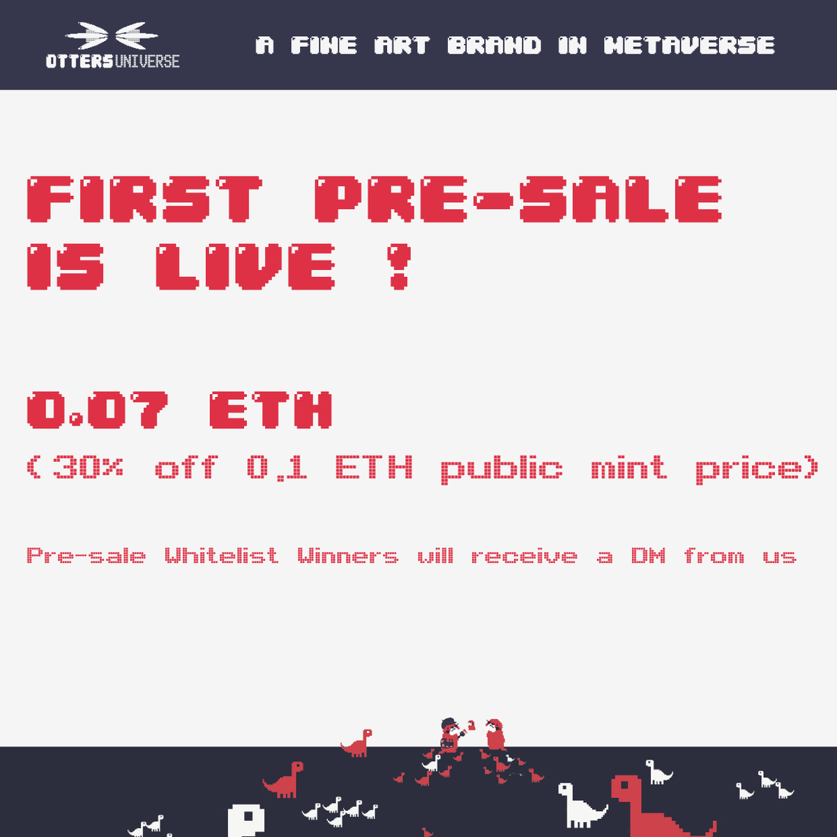 The First Pre-Sale is LIVE, Now until 13 Nov !!

To enter:

1️⃣ Follow &amp; <a href="/Otters_universe/">Otters Universe | Ethereum NFT</a>
2️⃣ ❤️  &amp; RT

#NFT  #NFTGiveaways  #nftpresale #nftcollectors #NFTArts  #nftcommunity #nftcollector #art #Ethereum #EthereumNFTs