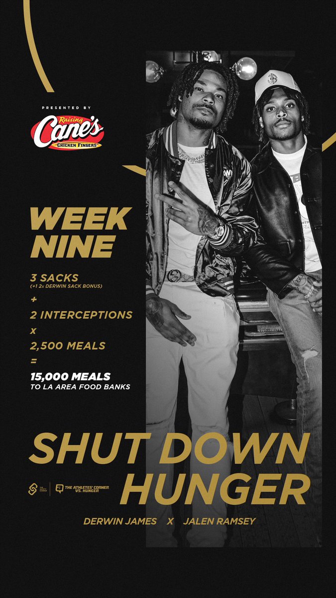 AthletesCorner_'s tweet photo. After one week, we are at 15,000 meals! #ShutDownHunger
@jalenramsey x @DerwinJames x @raisingcanes https://t.co/XLwsgl0ARJ
