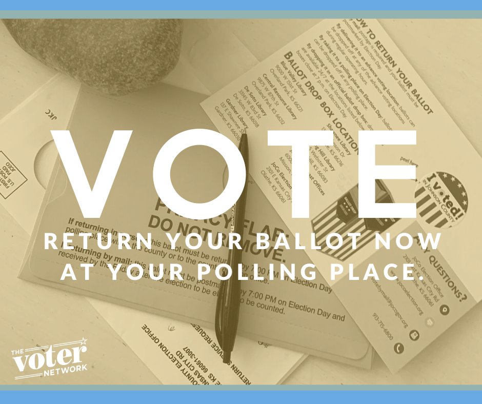 If you haven't mailed back your ballot yet, you can still turn it in! Fill it out and take it to your polling place or the nearest dropbox by 7PM tonight! Find these locations on KSBallot.org