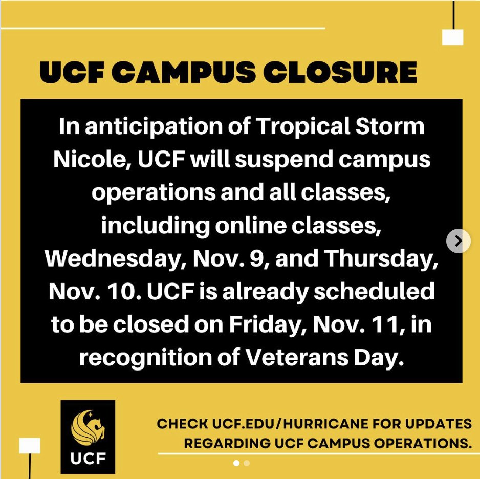 All UCF Library locations will be closed Wednesday, 11/9 and Thursday, 11/10. UCF was already scheduled to be closed Friday, 11/10. Please follow @ucf and check ucf.edu/hurricane for updates. Stay safe knights.