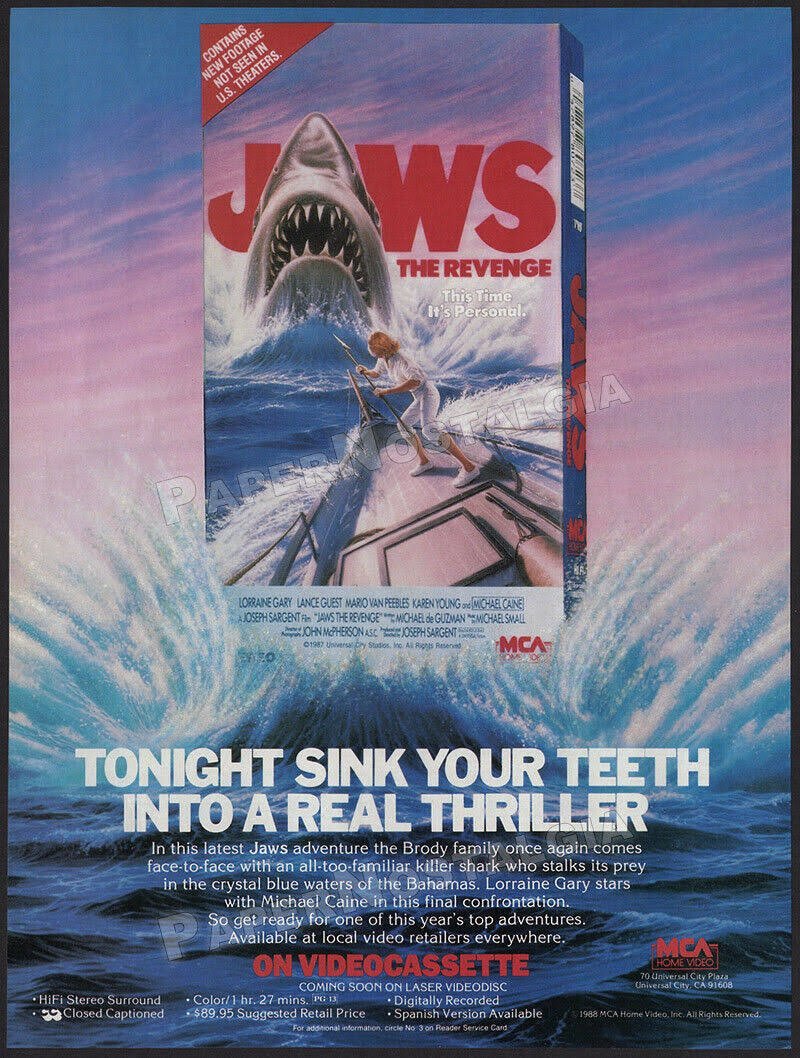 'Jaws, the revenge'
#jawsIV (1988) #josephsargent #movie  #lorrainegary #michaelcaine #vhs #release #adv #videocassette
