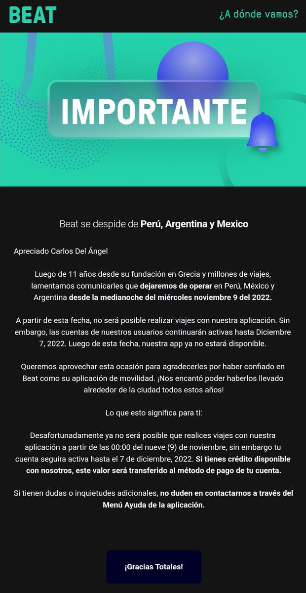#ÚltimaHora La plataforma de movilidad #Beat que inició con los viajes en autos eléctricos #Tesla ha anunciado que se dejará de operar en #México #Perú y #Argentina a partir del próximo miércoles 9 de noviembre de 2022.