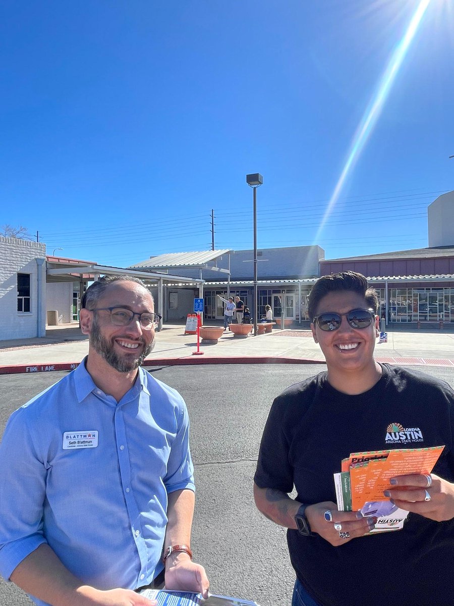 SethBlattman's tweet photo. I'm out talking with voters at the polls with my amazing running mate @LorenaAustin4Az! The polls are open until 7pm- don't sit this election out. VOTE! https://t.co/Fbph4Vx6A5