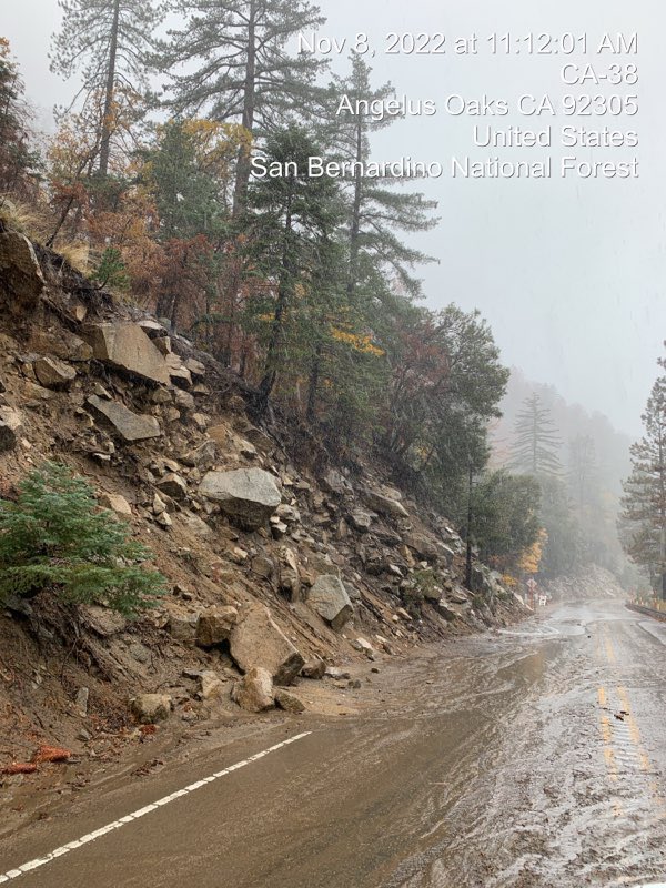 Caltrans8's tweet photo. SBDCO: SR-38 in closed in both directions due to mud, rockfall, and debris on the roadway. We are seeing widespread issues all around the San Bernardino Mountains at this time. Use the 330 to 18 for a detour at this time. #Caltrans8 https://t.co/Q2iwmhJstM