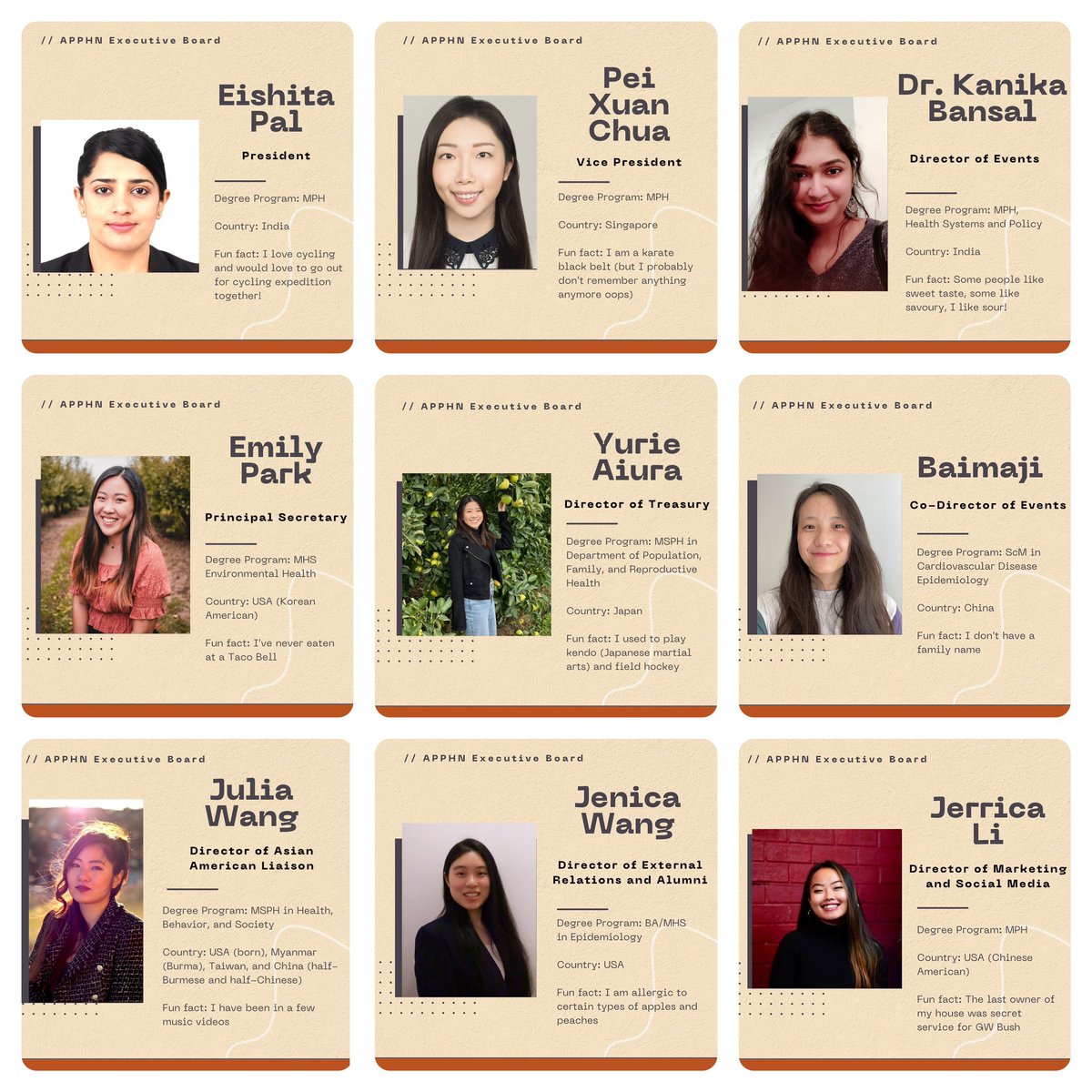 JHSPH_APPHN's tweet photo. We are excited to introduce our new exec leadership! For our APPHN events, we are looking for #globalhealth #asiapacific leaders to share their insights and perspectives with students at @JohnsHopkinsSPH 

Please email APPHN_BSPH@jhu.edu if interested in being part of our events! https://t.co/5uR6eWApCt