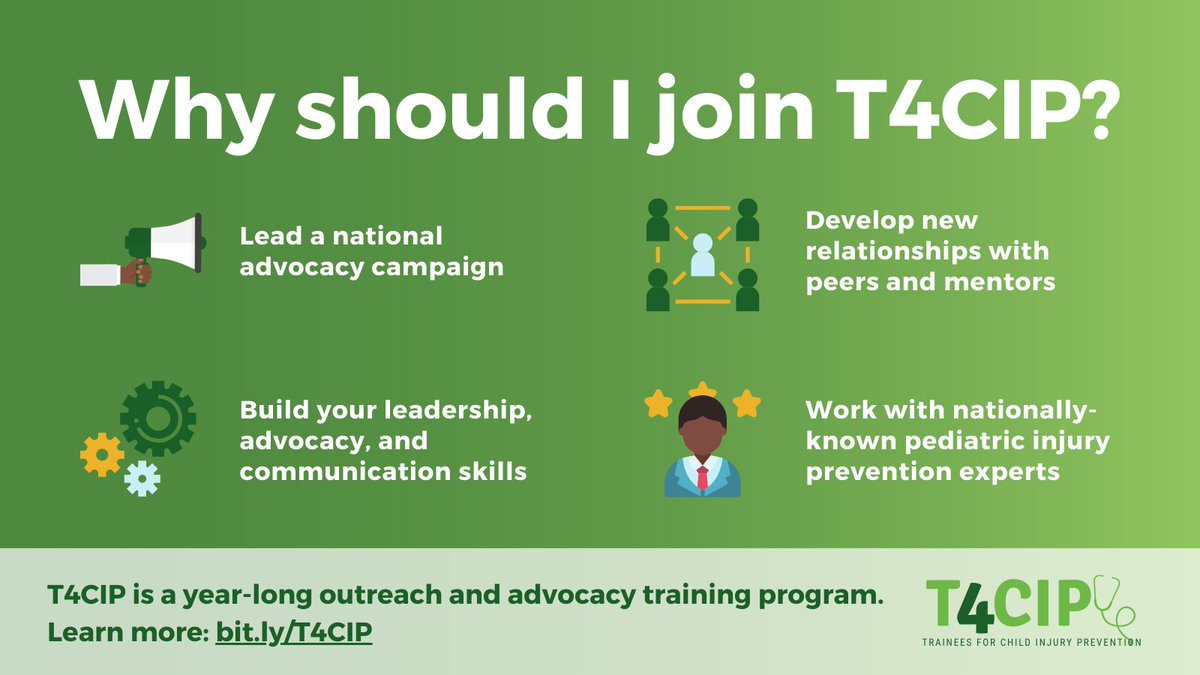 Why join #T4CIP? Gain experience in #advocacy, #leadership, and #communication. #Networking w/peers & mentors including nationally-known #ChildInjuryPrevention experts. Apps open until 11/27/22 bit.ly/T4CIP @AAPSOPT #MedTwitter #MedStudentTwitter