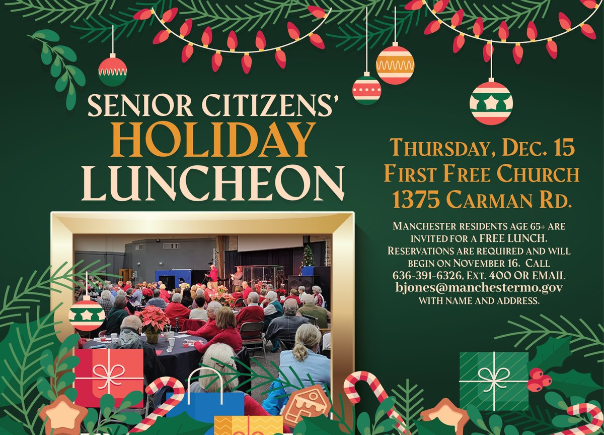 Thursday, Dec. 15 is the annual Senior Citizens' Holiday Luncheon at the First Free Church. Beginning at noon, residents age 65 and older can enjoy a free lunch. Reservations are required and will be accepted on Nov. 16. Only 200 spots are available, so don't delay registering.