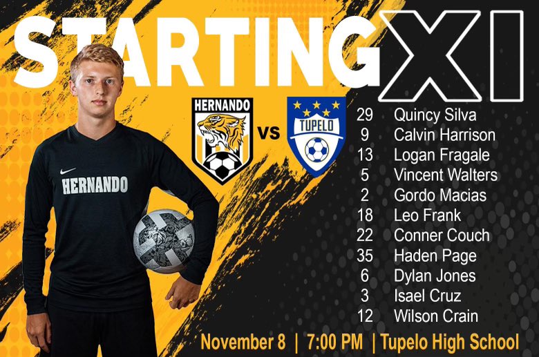 🚨GAMEDAY🚨
⚽️HHS Soccer
🗓️11/8/22
📍 4125 Golden Wave Dr. Tupelo, MS 38801
🆚 Tupelo High School
⏰Girls @ 5:00 PM
⏰Boys @ 7:00 PM