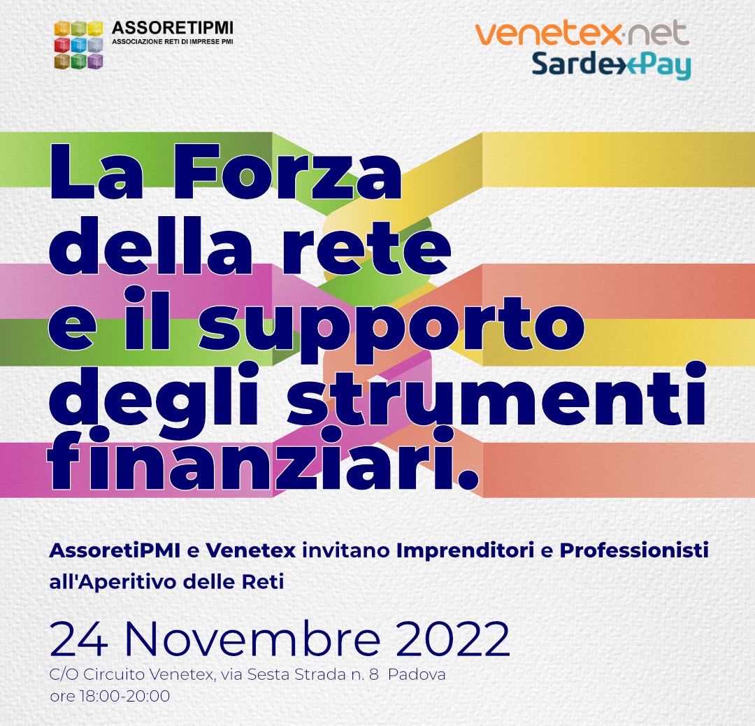 L'APERITIVO DELLE RETI - 24 NOVEMBRE ORE 18:00
Venetex e <a href="/assoretipmi/">ASSORETIPMI</a> Veneto ti aspettano all'aperitivo delle reti.
Vuoi partecipare? 
ISCIRIVITI ALL'EVENTO CLICCANDO SU QUESTO LINK: bit.ly/3fIPG0p

 #venetex #community  #economialocale  #aperitivonetworking #assoretipmi
