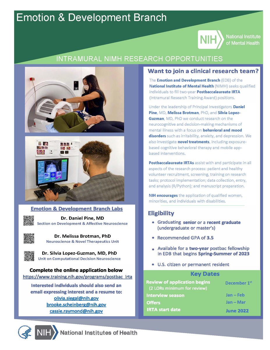 UrmiPandya4's tweet photo. Drs. Pine, Brotman, and Lopez-Guzman at the NIMH have numerous employment opportunities for graduating seniors. These are full-time postbac research positions with employment starting in Summer 2023. Please see the attached ad for more information! https://t.co/db4UVLl9nX