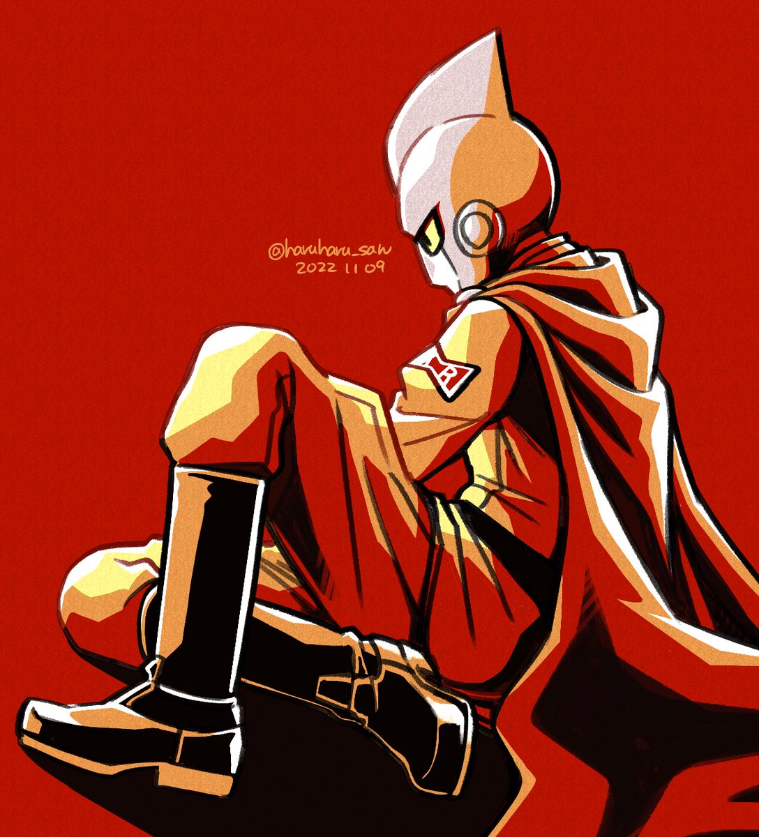male focus 1boy red background twitter username solo cape boots  illustration images