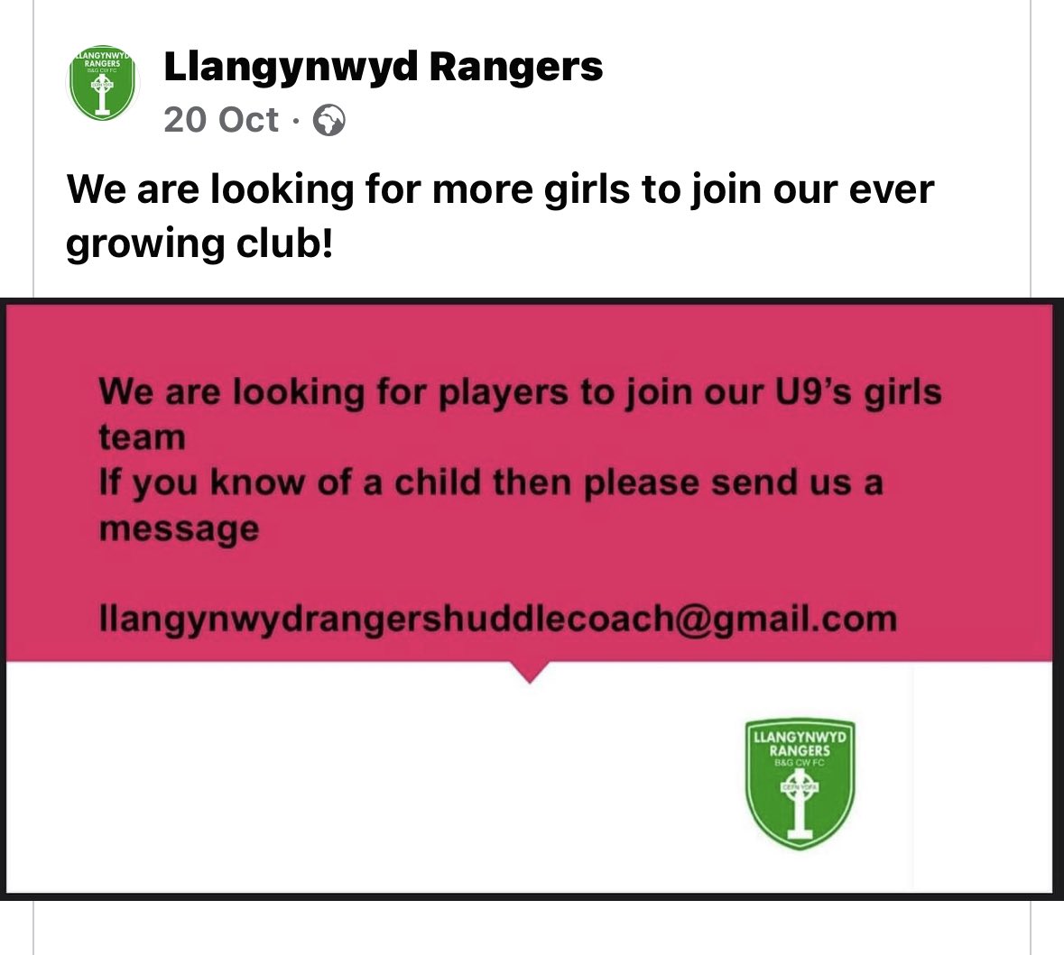 We are still looking for more players <a href="/swwgl/">SWWGL</a> <a href="/FAWales/">FA WALES</a> <a href="/ysgolcynwydsant/">Ysgol Cynwyd Sant</a> <a href="/GarthPrimary/">Garth Primary School</a> <a href="/LlangynwydS/">Llangynwyd Primary School</a> <a href="/PlasnewyddPS/">Plasnewydd Primary School</a> <a href="/NantymoelPS/">IO_J</a> @caerauprimary1