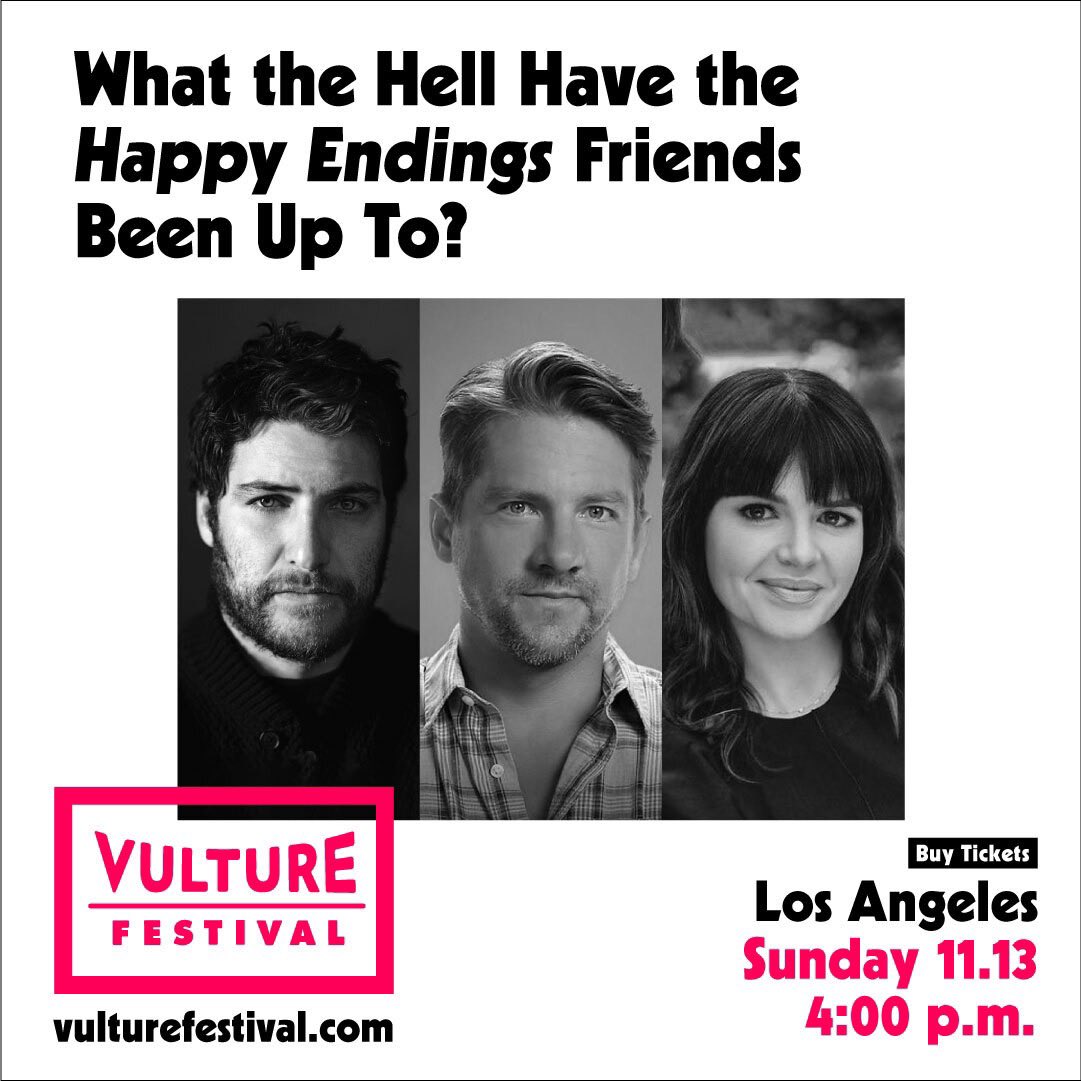 Vulture Festival (@vulturefestival) on Twitter photo Ever wonder what happened to the crew of Happy Endings? Well, wonder no more. We’re picking things up where we left off with cast members <a href="/adampally/">adam pally</a>, <a href="/ZachKnighton/">zaChknighton</a> and Casey Wilson. Find out what they’ve been up to all this time. Grab tickets at vulturefestival.com Ever wonder what happened to the crew of Happy Endings? Well, wonder no more. We’re picking things up where we left off with cast members <a href="/adampally/">adam pally</a>, <a href="/ZachKnighton/">zaChknighton</a> and Casey Wilson. Find out what they’ve been up to all this time. Grab tickets at vulturefestival.com