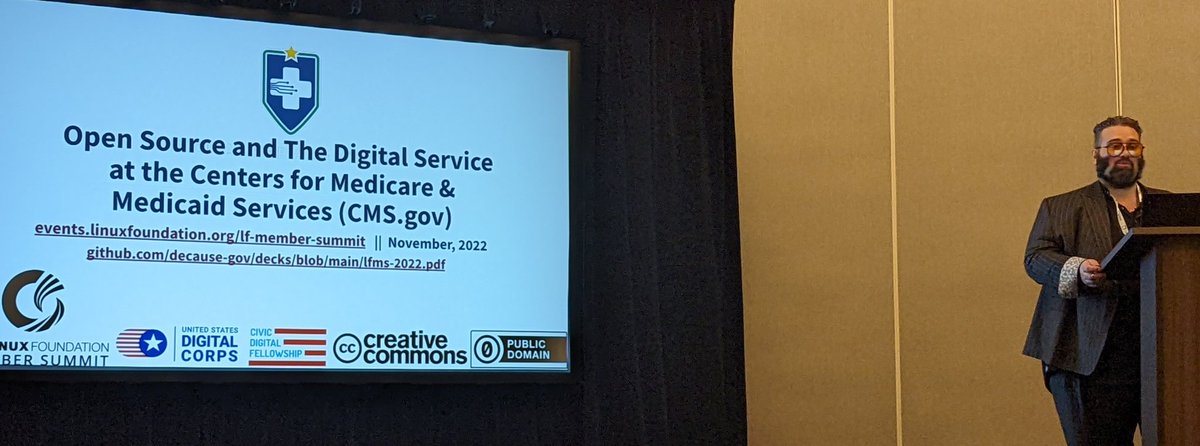 So pleased to listen in on long-time friend of #opensource and colleague @Remy_D present what the @CMSGov is doing in their IT operations and in #oss communities. Go Feds. @linuxfoundation Member Summit