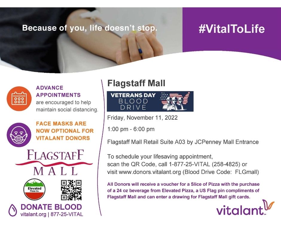 🚨 Friendly reminder that we are having a blood drive this Friday from 1 pm to 6 pm.

🩸 All Donors will receive a voucher for a Slice of Pizza, US Flag pin, and Flagstaff Mall gift cards. For more information view our Facebook event at the link below! 👇 
fb.me/e/1ZBD0XHyX