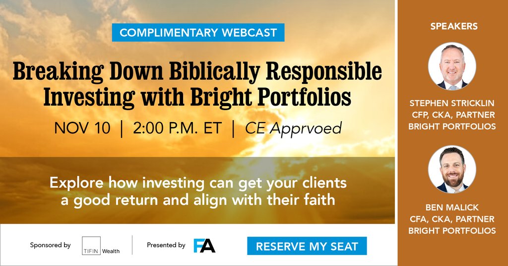 Patrickdempse53's tweet photo. This week, join TIFIN's AJ Boury and Bright Portfolios’ Stephen Sticklin and Ben Malick as they share how advisors can incorporate biblically responsible investing into their own portfolios. Reserve your seat: https://t.co/ezfpjaJ5R2 https://t.co/etOQyiL00P