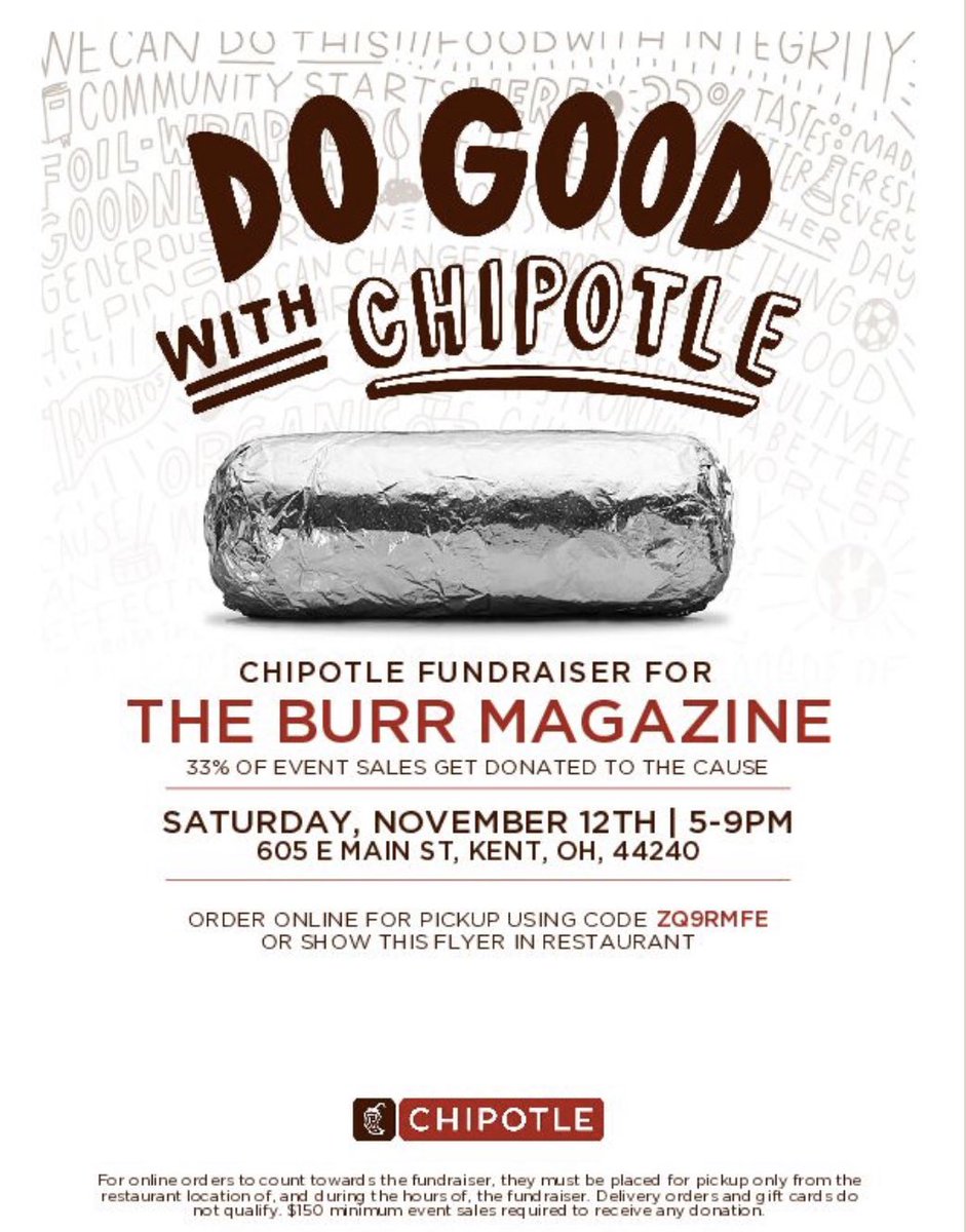 The Burr is having a fundraiser this Saturday! Come support us at Chipotle from 5-9! #chipotlefundraiser #chipotlemexicangrill