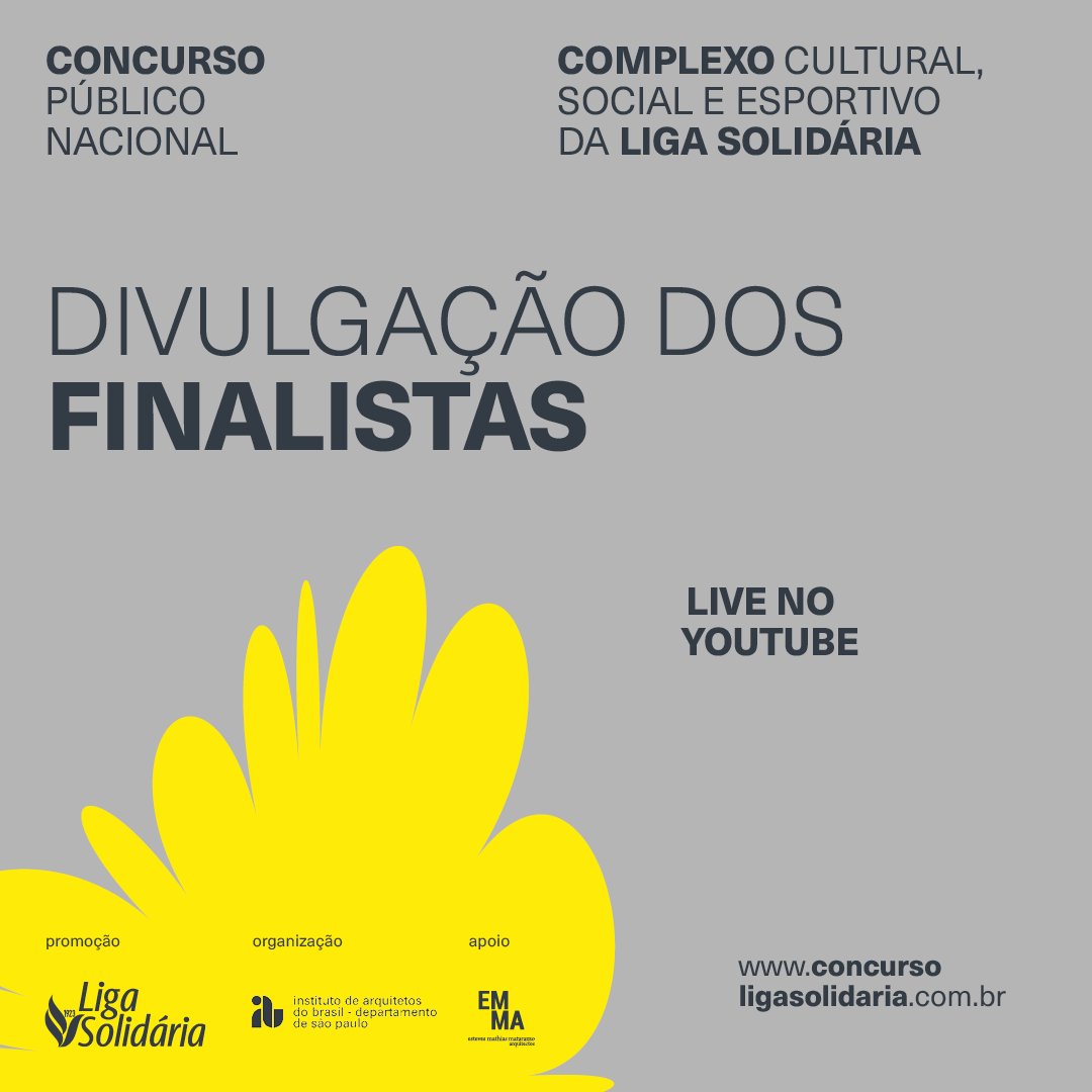 iabsp's tweet photo. Venha conhecer os finalistas!
Dia 9/11, 16h
O evento será na sede da Liga Solidária na Av. Dr. Arnaldo, 1943
Transmissão https://t.co/4NIdQpPM1Q
+ informações https://t.co/jgWJTFUiid
Dúvidas ligasolidaria@iabsp.org.br
#iabsp #ligasolidaria #arquitetura #concursodearquitetura https://t.co/MgUSu1INdU
