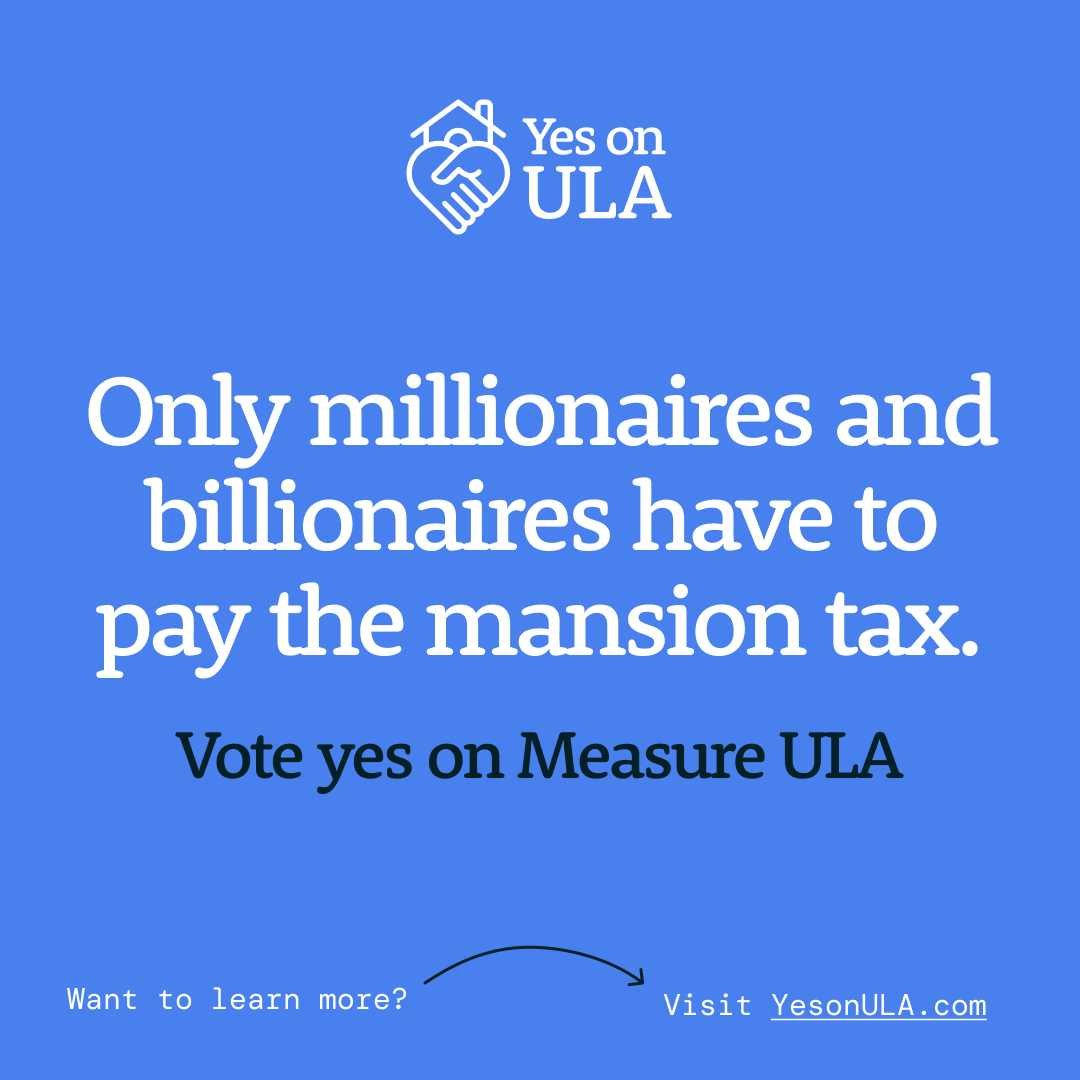 Today’s the day ✊🌧Vote #YesonULA.

Measure ULA is a one-time tax on real estate sales over $5 million dollars to help reduce homelessness and protect seniors from losing their homes. 

📍Vote Centers: locator.lavote.gov
🗳️Voter Guide: bit.ly/3DelXnQ