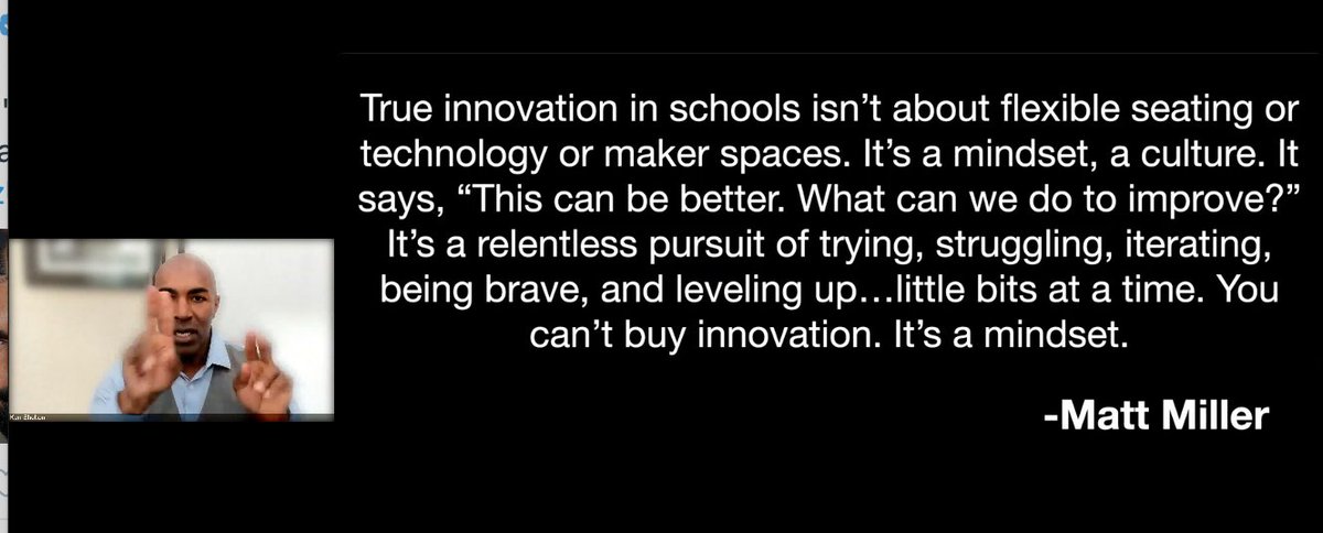 jmattmiller's tweet photo. True innovation is a MINDSET. You can't buy it.

Trying.
Struggling. 
Iterating. 
Being brave. 
Leveling up. 

Honored that @k_shelton shared my definition of innovation at #elevatinginnovation22 today. He brought the 🔥🔥🔥 as usual! https://t.co/F6WsVrgLSq