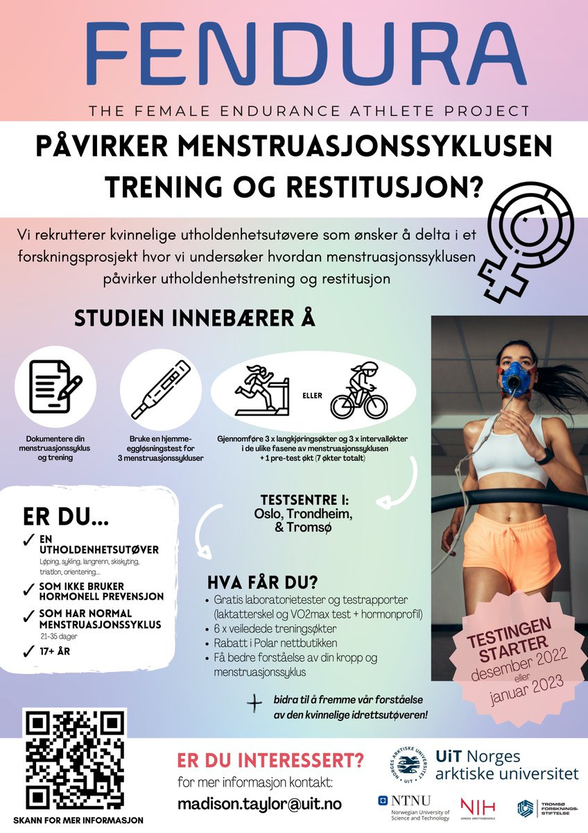 Er du utholdehetsutøver (løping, sykling, langrenn, skiskyting, triatlon, orientering e.l.), bruker ikke hormonell prevensjon, har normal menstruasjonssyklus, er 17+ år? Vi trenger deg til vår forskningsstudie :-) Tromsø, Oslo, Trondheim