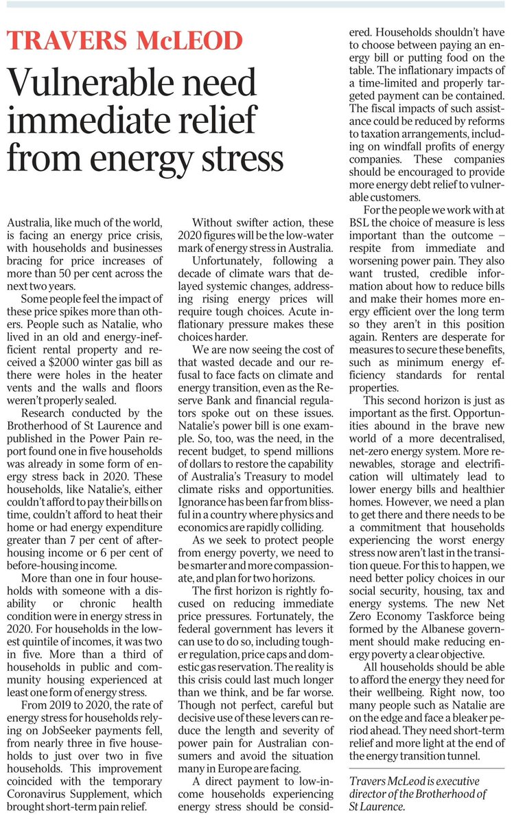 Travers McLeod (@traversmcleod) on Twitter photo All households should be able to afford the energy they need for their wellbeing. Here's an op-ed from me on energy stress. We can help those on the edge right now and offer more light at the end of the energy transition tunnel theaustralian.com.au/commentary/vul… <a href="/Brotherhoodinfo/">Brotherhood of St. Laurence</a> <a href="/australian/">The Australian</a> All households should be able to afford the energy they need for their wellbeing. Here's an op-ed from me on energy stress. We can help those on the edge right now and offer more light at the end of the energy transition tunnel theaustralian.com.au/commentary/vul… <a href="/Brotherhoodinfo/">Brotherhood of St. Laurence</a> <a href="/australian/">The Australian</a>