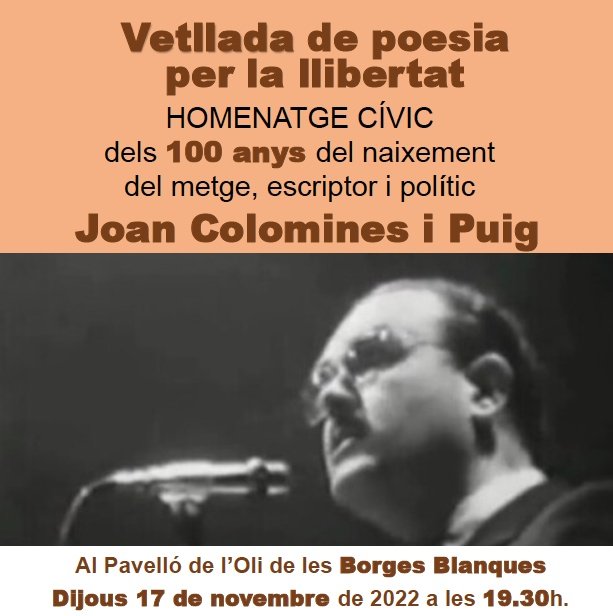 mcolomines's tweet photo. Celebració del centenari del naixement del meu avi Joan Colomines 

📆 17 de novembre de 2022
🕰 19:30 h
📍 Pavelló de l'oli (carrer de Catalunya, 14-18). Les Borges Blanques
🖥️📺 Retransmès en línia per Borges TV (https://t.co/1mY5jWsgc7) https://t.co/ZfocLqLKrc
