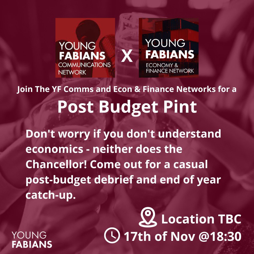 YFComms's tweet photo. Join us and @EconFinYF for our Post Budget Social on the 17th November at 6:30! We will have details of the venue very soon. You can find out more and sign up here https://t.co/eopxIzWUZJ https://t.co/qHQlgRZ2Fx
