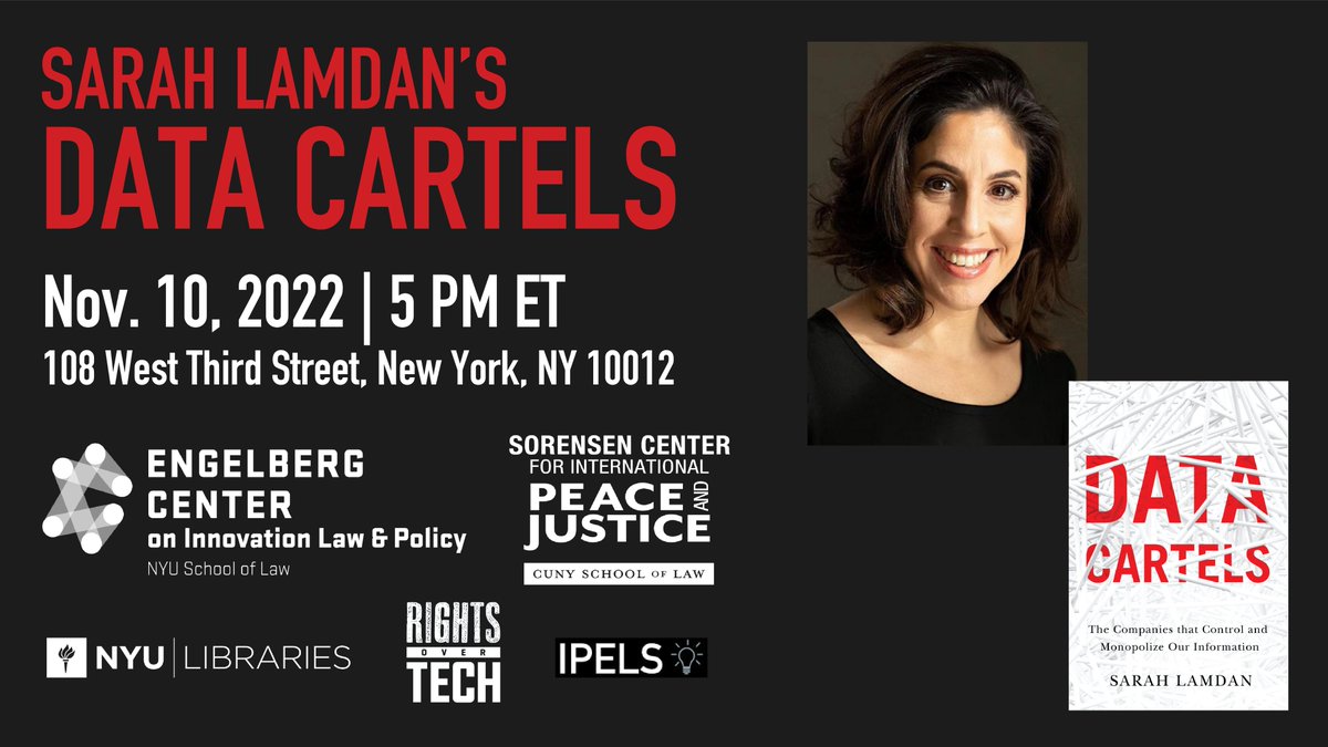 SorensenCenter's tweet photo. 📅 @SorensenCenter and @NYUEngelberg are excited to celebrate the launch of @greenarchives1' new book #DATACARTELS, released today(!), which explores the monopolization of data and legal solutions to protect data privacy. Register to join the party! https://t.co/xNVzEUjrav https://t.co/YGRM0kgHE0