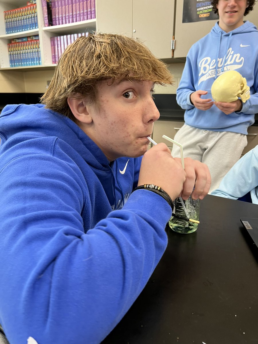 sarahnethero's tweet photo. Today we observed aerobic respiration at work by measuring carbon dioxide output before vs. after exercise. Even @raebishop_ got involved #netherobiology #exerciselab #bromothymolblue #cellularrespiration https://t.co/MzHQxrHnMp