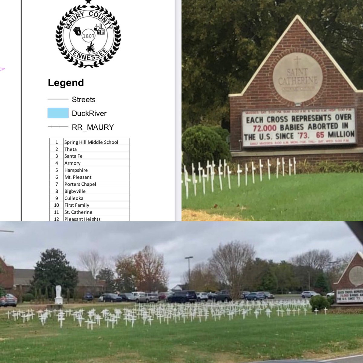 INBOX: A MAURY COUNTY voter tells us (and we confirmed) St. Catherine Church — a Catholic Church serving as an election precinct in COLUMBIA — has this overtly anti-abortion CEMETERY display greeting voters, along with this sign outside👇🏽

It never ends. @sectrehargett <a href="/tndp/">Tennessee Democratic Party</a>