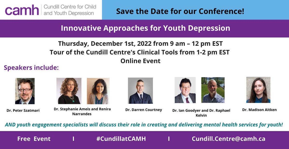 drpeterszatmari's tweet photo. If you haven't done so already, register today for the #CundillatCAMH Conference on December 1st focused on Innovative Approaches for Youth Depression. Registration Link: https://t.co/y4vMWHo9cs https://t.co/6TDueSb7v3