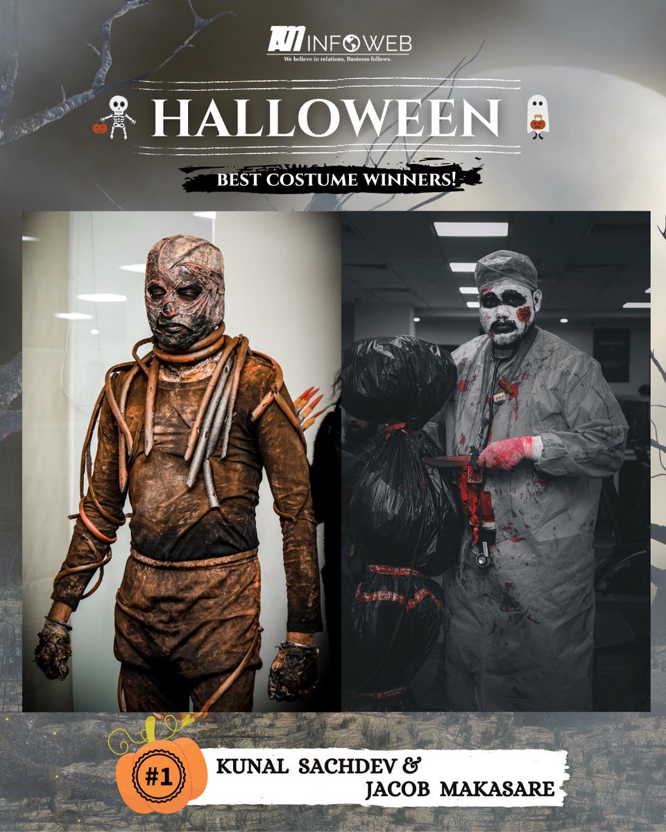 AMInfoweb's tweet photo. Halloween is an opportunity to be really creative. 👻
Our Best Halloween Costume Contest Winners:
1st: Kunal Sachdev &amp; Jacob Makasare
2nd: Jennifer Mary
3rd: Manoj Thorat

#halloween2022 #halloweencostume #halloweenmakeup #halloweenwinners #trickortreat #scary #AMites #AMinfoweb https://t.co/UcvbV9DXIk