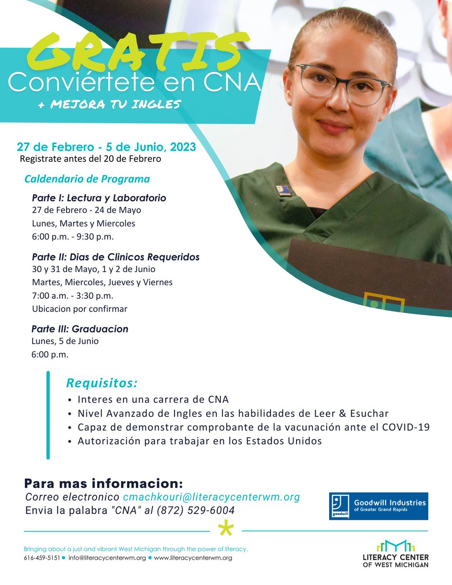 LCWM's tweet photo. ¡Nuestras clases de CNA están de regreso! ¿Está interesado en convertirse en un CNA y al mismo tiempo mejorar su inglés? Tenemos dos clases por venir. La inscripción ya está abierta. 

Aquí tenemos nuestro calendario del programa. https://t.co/RznGPquzSp