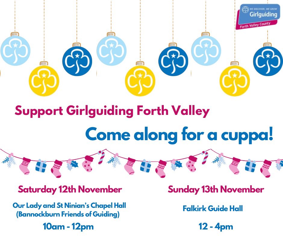 ggforthvalley's tweet photo. Come along and support some of our local Girlguiding units in Forth Valley! Enjoy a cuppa ☕️, eat some cake 🍰 and browse the stalls to get that Christmas shopping started 🛍️🎁🎄🎅🏻
 See details in comments ⬇️ https://t.co/qEd7CsWSwQ