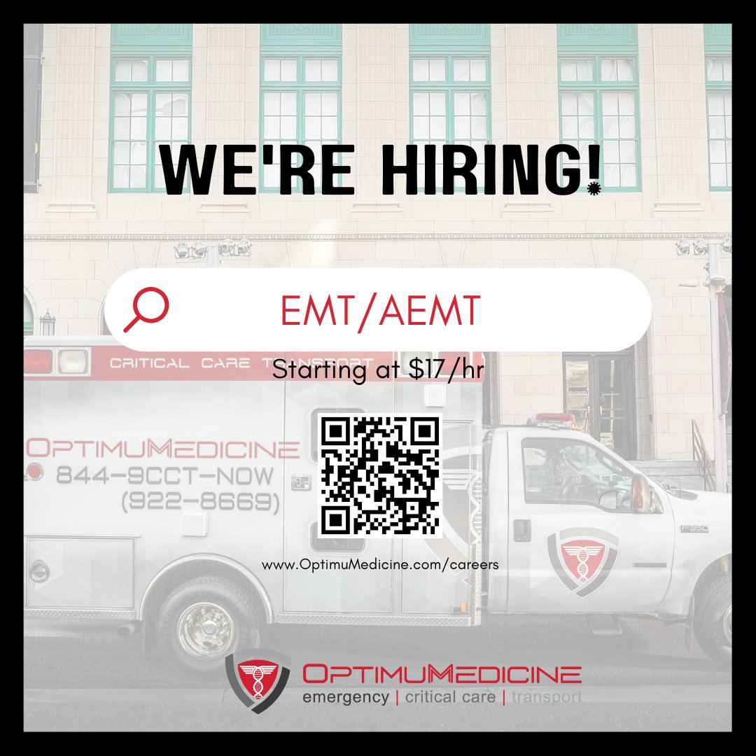 OptimuMedicine's tweet image. Come join our Team!

We're looking for EMT/AEMT &amp;amp; Dispatchers to join our team. If you are interested, please visit: OptimuMedicine.com/careers

#ems #emsjobs #emtjobs #dispatchers #emt #optimumedicine